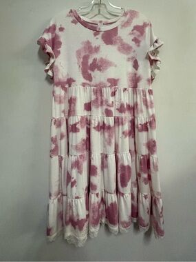 CY Fashion Pink Tie-Dye Tiered Ruffle Sleeve Dress